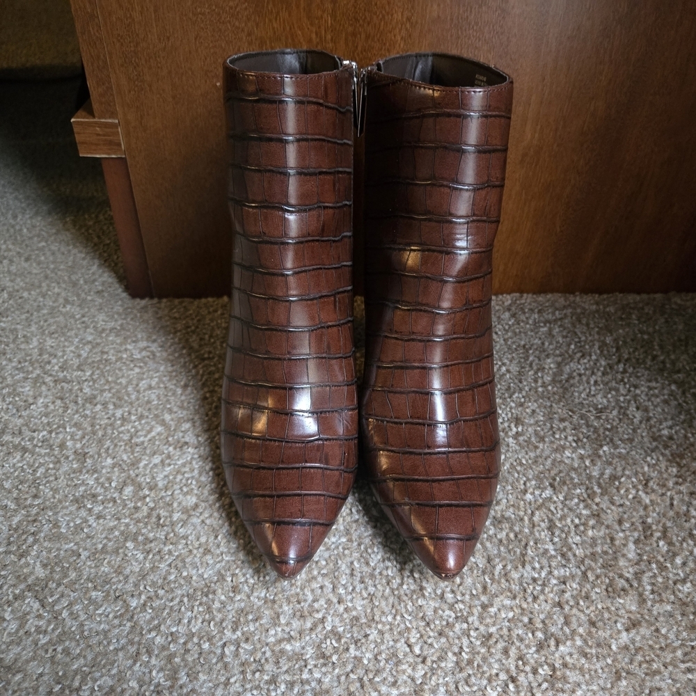JustFab Brown Ankle Booties with Croc Texture - Picture 3 of 6